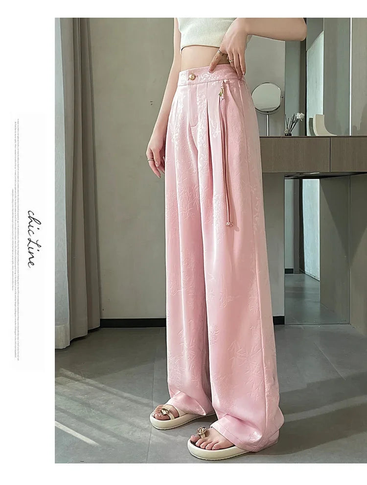 Chinese Style Jacquard Wide Leg Satin Pants – Women